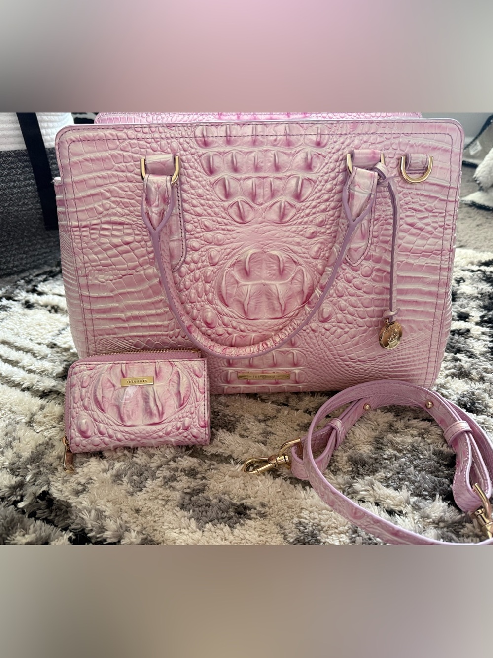 Brahmin Pink Croc-Embossed Satchel with Matching Wallet